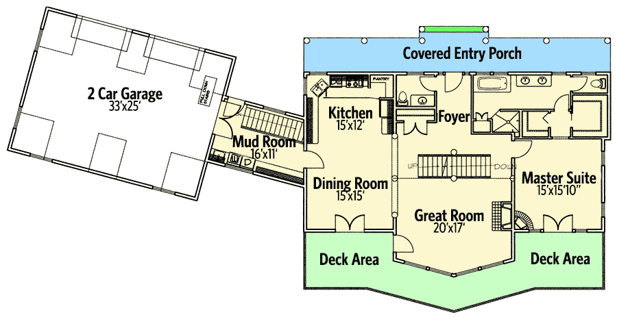 Plan 35312GH: Lake House Plan with Angled 2-Car Garage - 2750 Sq Ft - Floor Plan - Main Level - Contemporary, Mountain, Northwest, Vacation