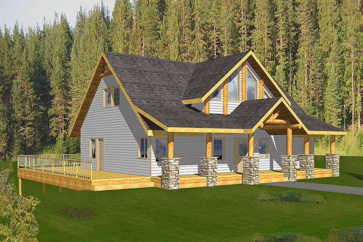 House plan exterior: A-frame style, two stories, large wrap-around deck, stone-clad porch supports, and prominent gables.
