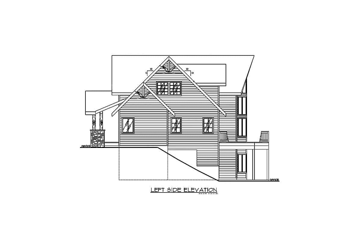 Left side elevation drawing of a two-story house plan featuring a gable roof, exposed rafters, covered porch, and deck.
