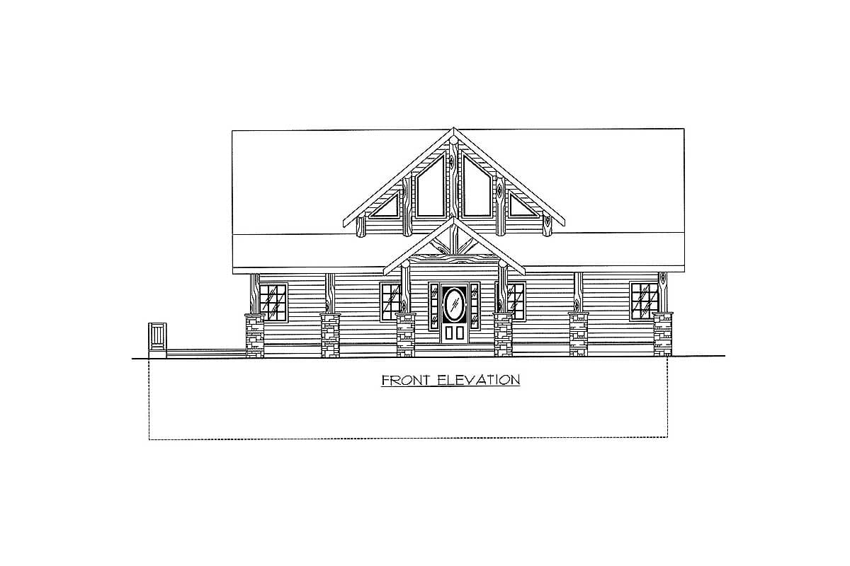 Front elevation of a house plan with a gabled roof, covered porch supported by stone columns, and large dormer windows.