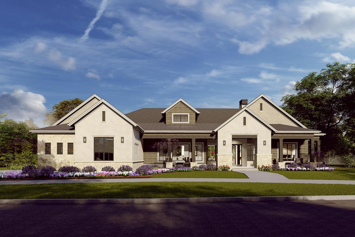 House plan exterior. Modern farmhouse style, one-story. Features include gabled roof, covered porch with columns, and dormer.