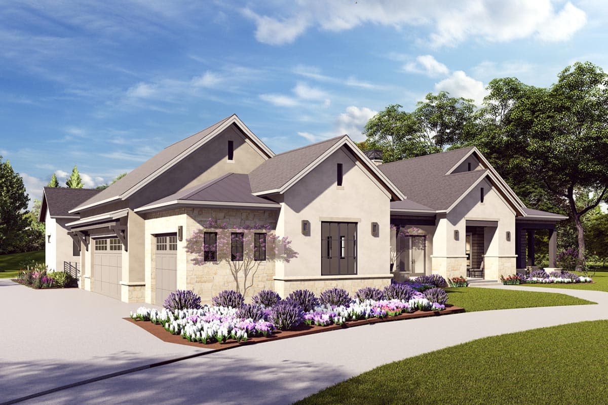 House plan exterior: Modern Farmhouse style, two-story, with stone accents, gabled rooflines, and a side-entry garage.