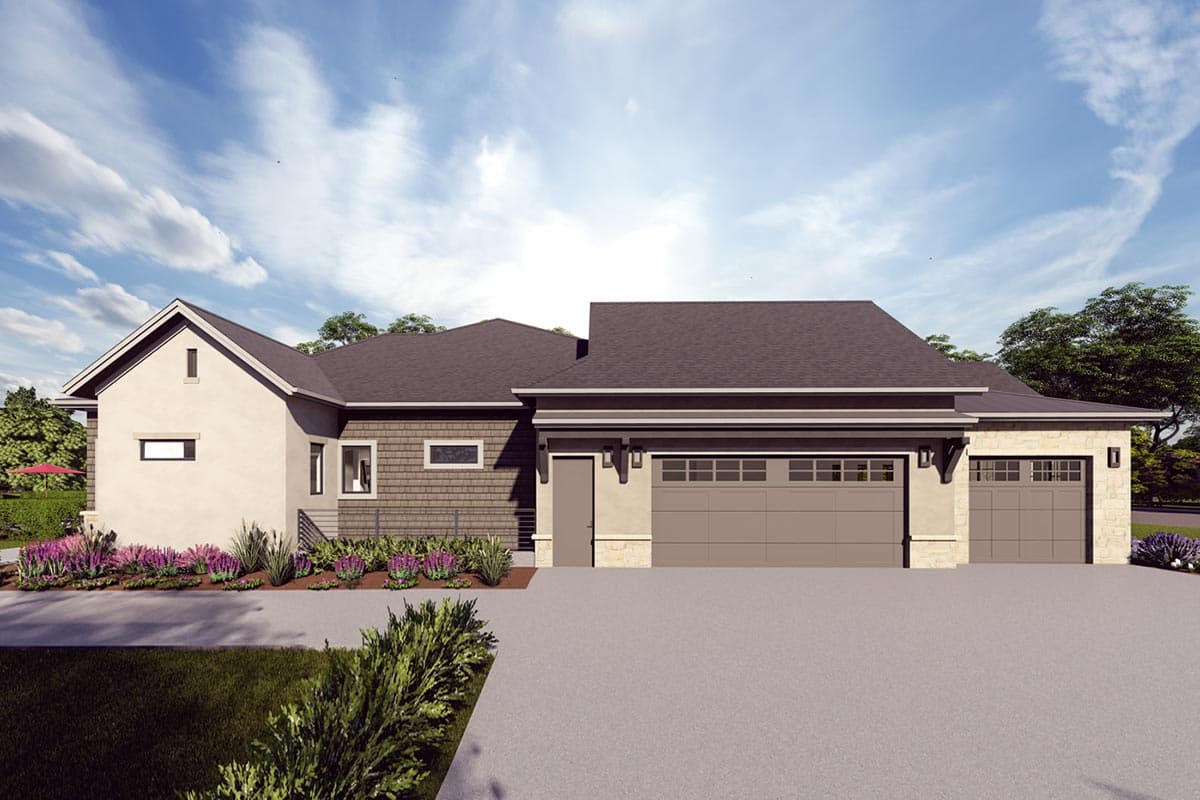 House plan exterior: Modern design with a stucco and shingle facade, prominent rooflines, and a three-car garage.
