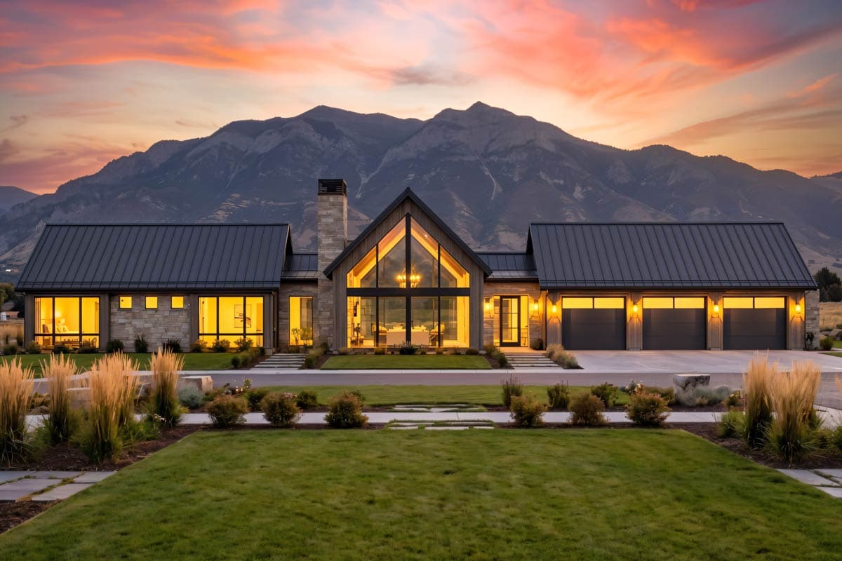 Modern Farmhouse house plan exterior with stone accents, large gables, expansive windows, and a three-car garage.