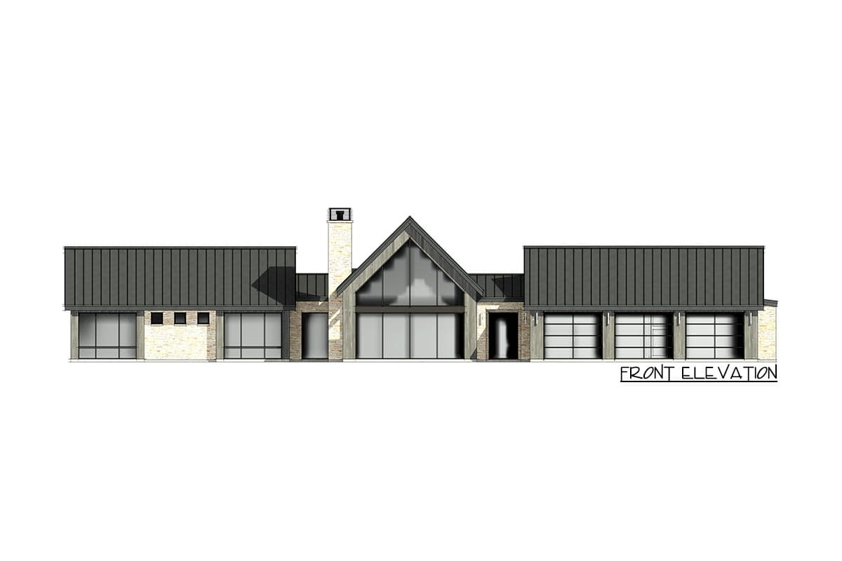 Front elevation drawing of a modern house plan with metal roof, stone accents, large windows, and a three-car garage.