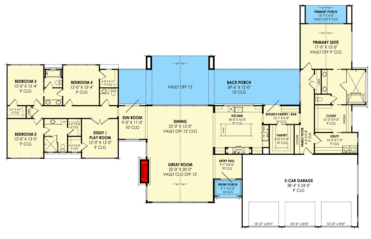 Plan 818062JSS: New Zealand Modern Ranch with Vaulted Interior and Huge Rear Porch - 3399 Sq Ft - Floor Plan - Main Level - Contemporary, Mid Century Modern, Modern, Ranch, Scandinavian, Transitional