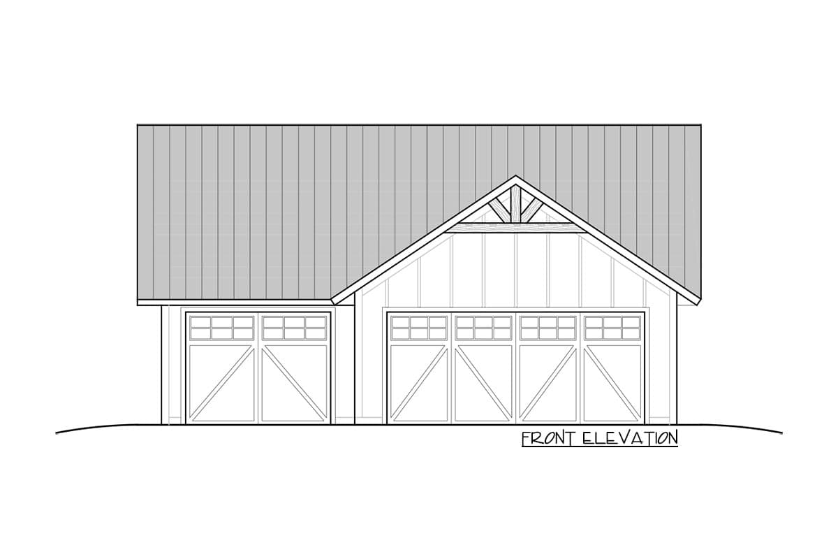 Front elevation drawing of a two-car garage with gambrel roof, decorative gable trim, and paneled garage doors.