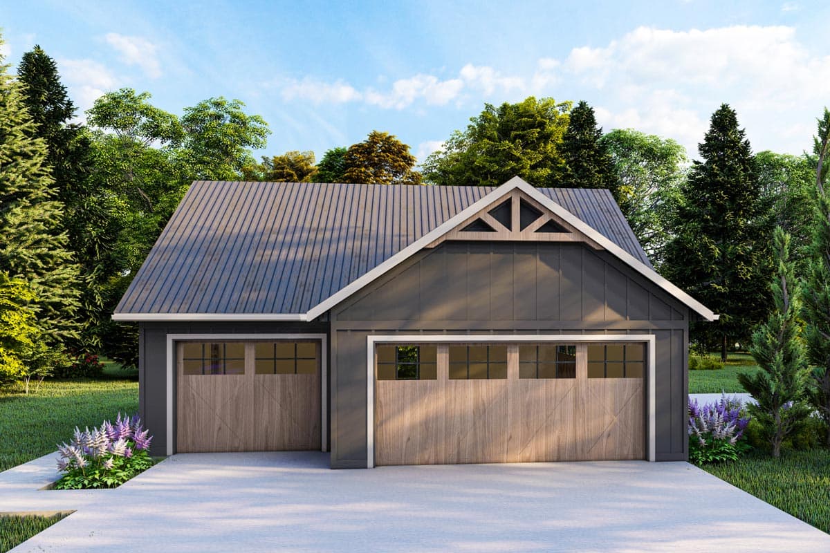 House plan exterior. Modern garage with a metal roof and board-and-batten siding. Includes gable roof with decorative truss and two garage doors.
