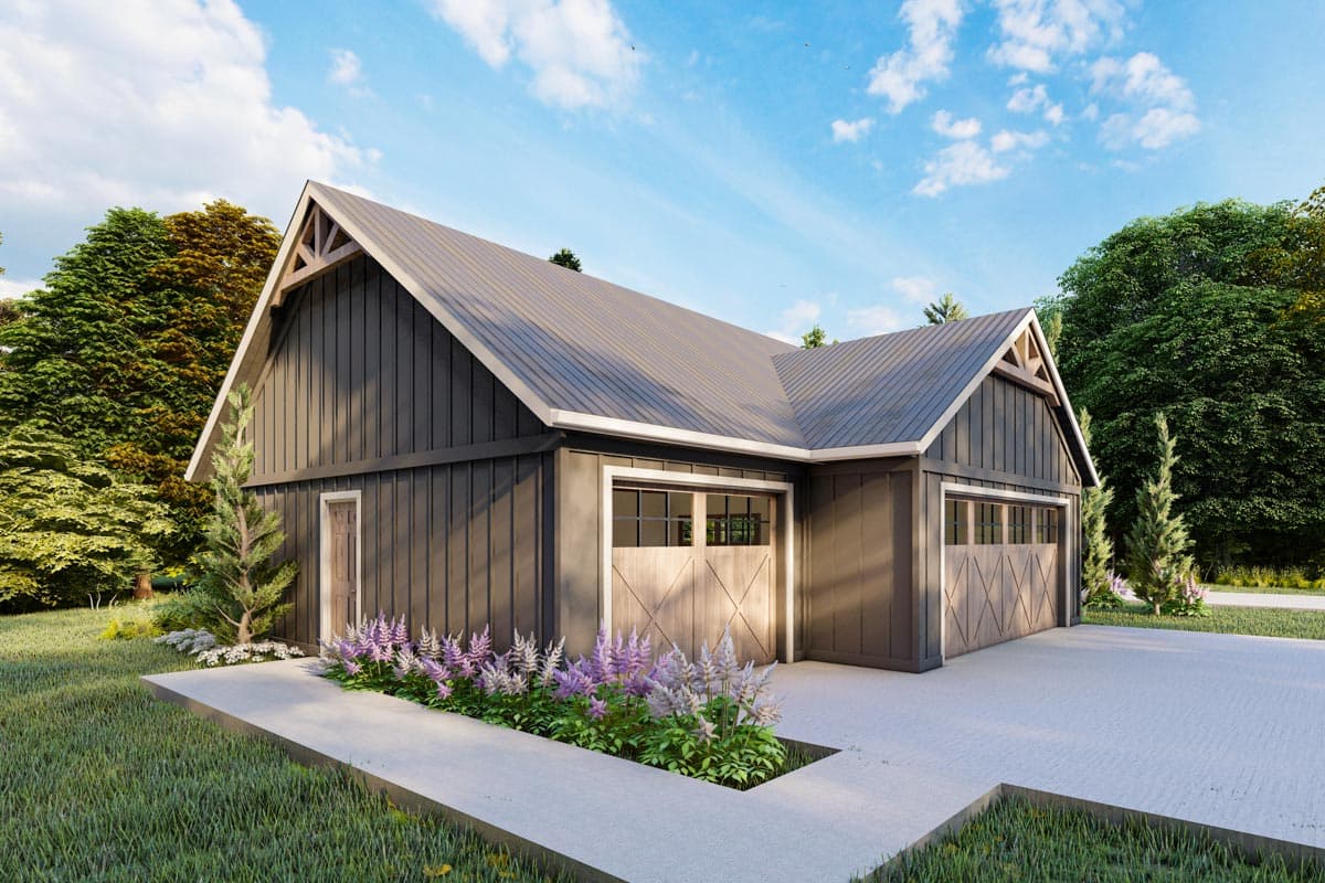 Modern Farmhouse style house plan exterior with a metal roof, board and batten siding, and two garage doors.
