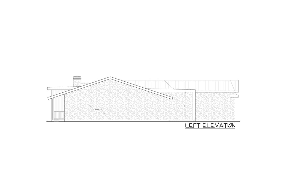 Left elevation drawing of a house plan featuring a sloped roof, stone exterior, chimney, and wood siding.