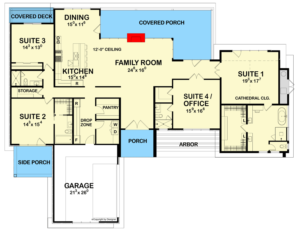 Plan 42441DB: 3388 Square Foot Modern One-Story House Plan with Flex Bedroom or Home Office - Floor Plan - Main Level - Hill Country, Mid Century Modern, Modern, Ranch