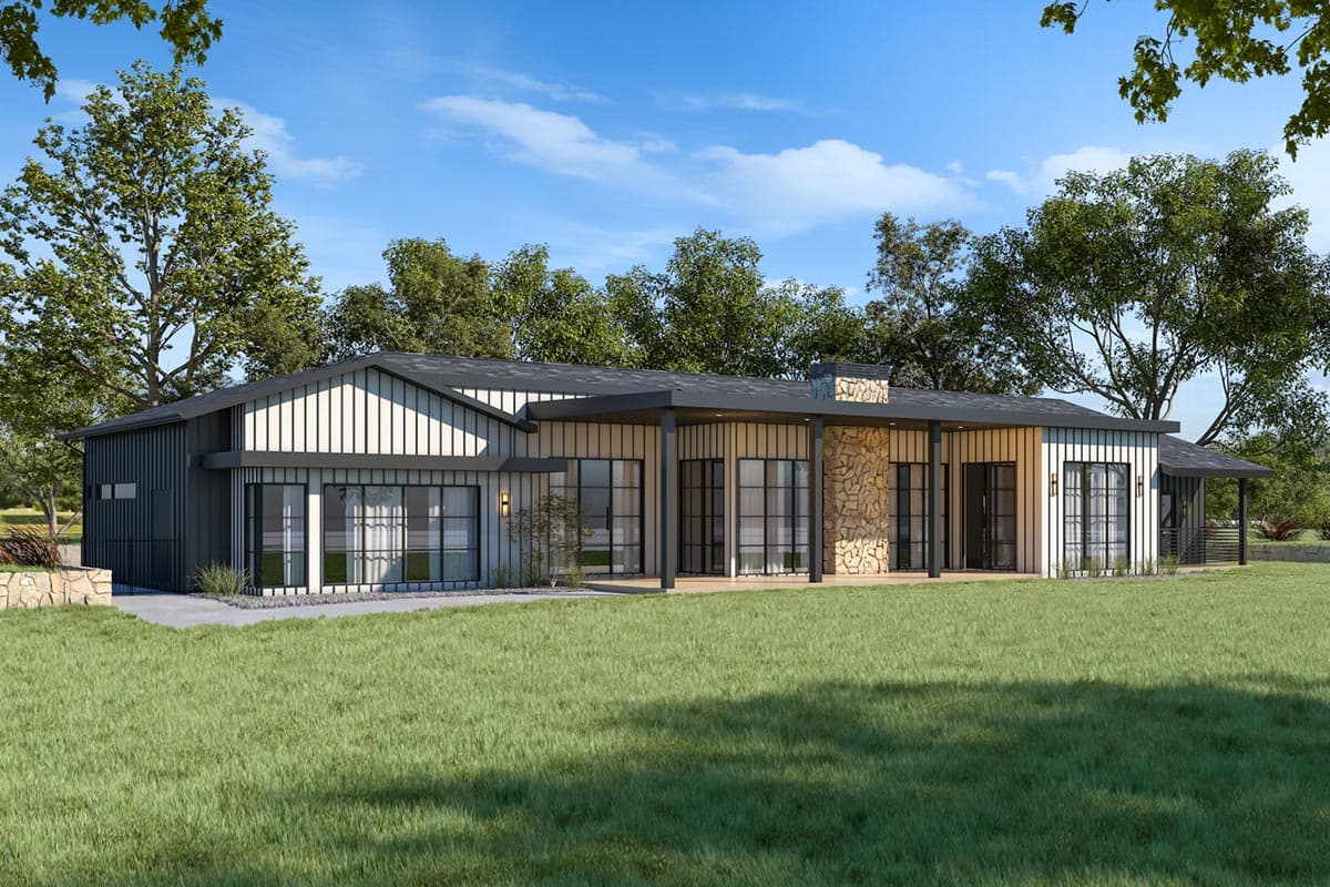 Modern house plan exterior with vertical siding, a covered porch, stone accent chimney, and large grid windows.