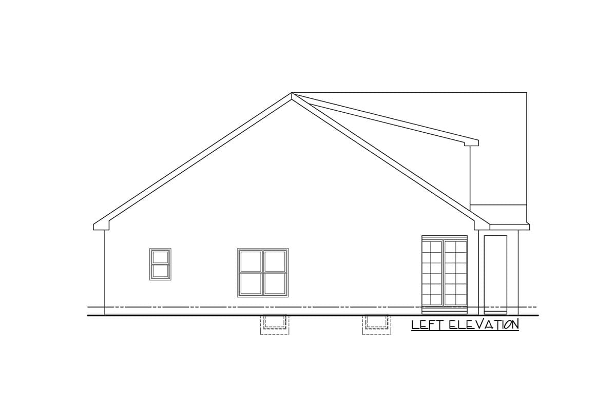 Left elevation house plan showing two windows, double doors, and a prominent gable roofline.