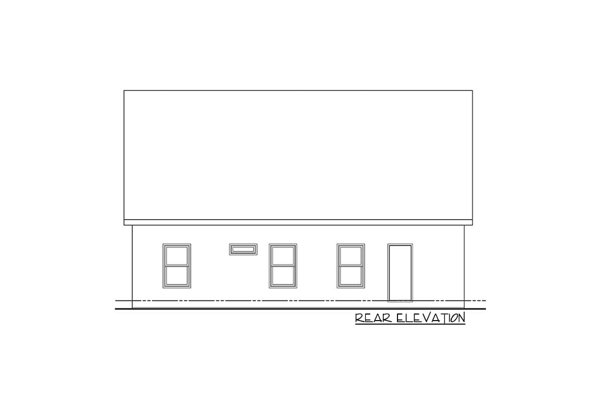 Rear elevation drawing showing three windows, one horizontal window, and one door.