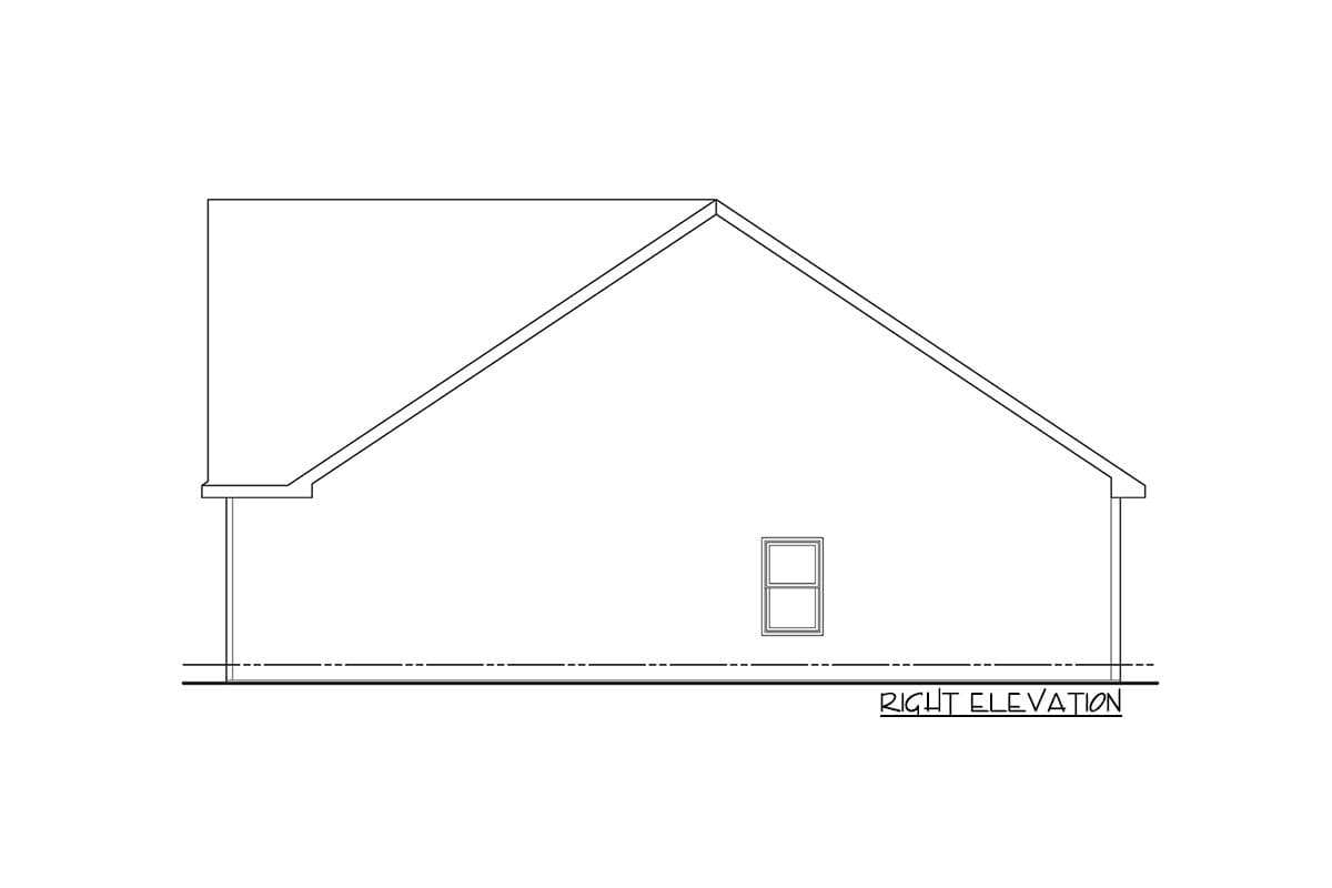 Architectural house plan: right elevation drawing with a single window and a sloped roofline.