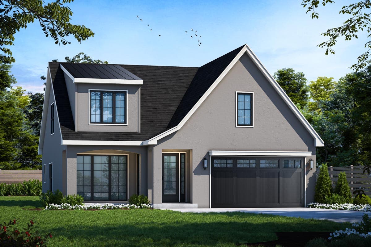 House plan exterior. Two-story house featuring a gabled roof, dormer windows, and an attached garage with a dark panel door.