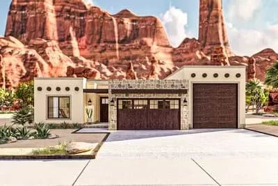 3-Bed Spanish-Style Southwest House Plan Under 1700 Square Feet with RV Garage