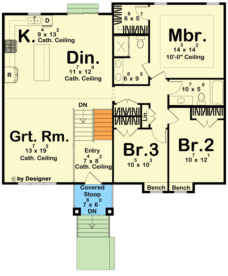 Plan 623257DJ: Traditional Split Level House Plan with Vaulted Open Concept Living Space - 1479 Sq Ft - Floor Plan - Main Level - Country, New American, Traditional