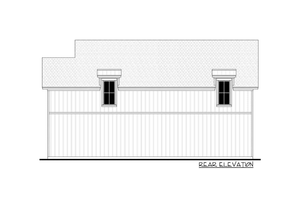Rear elevation drawing of a house plan showing a pitched roof, two dormer windows, and vertical siding.