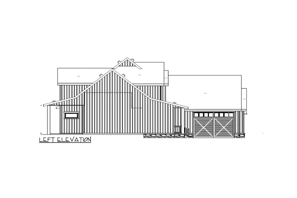 Left elevation drawing of a house plan featuring a gambrel roof, vertical siding, and a detached two-car garage.