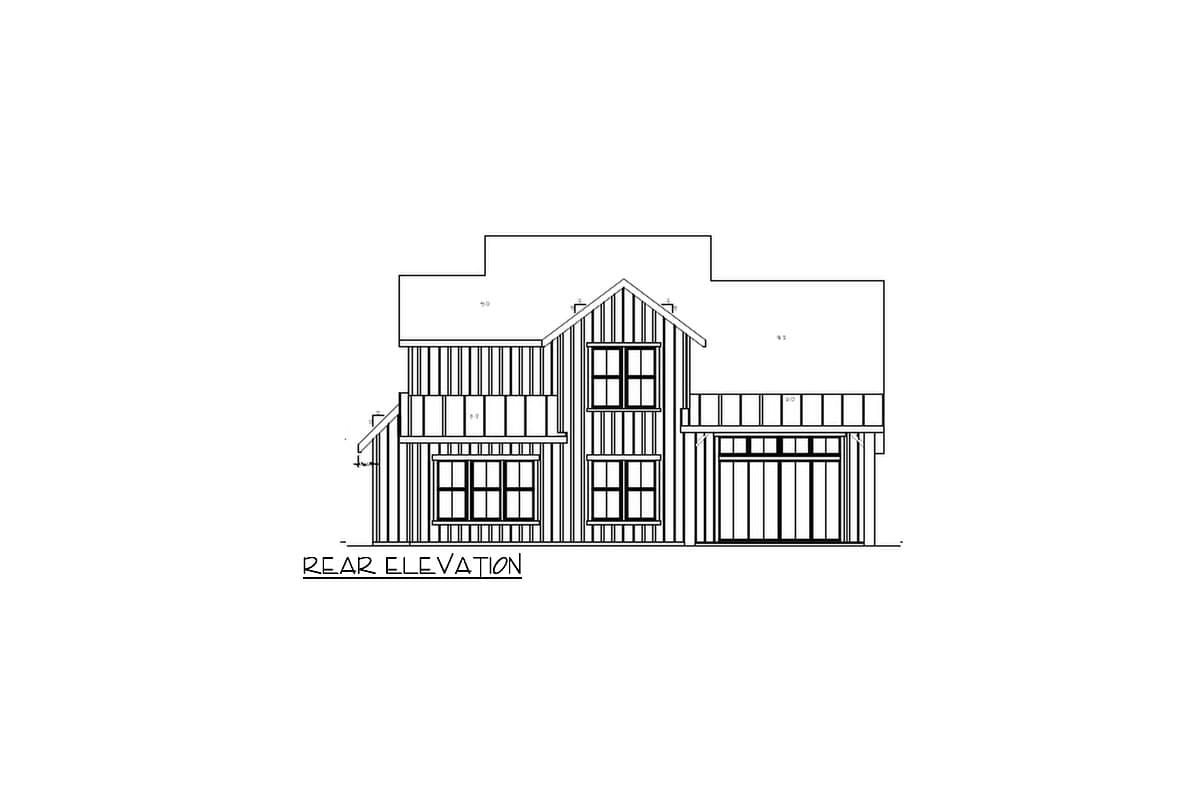 Rear elevation drawing of a two-story house plan featuring vertical siding, multiple windows, and an attached garage.