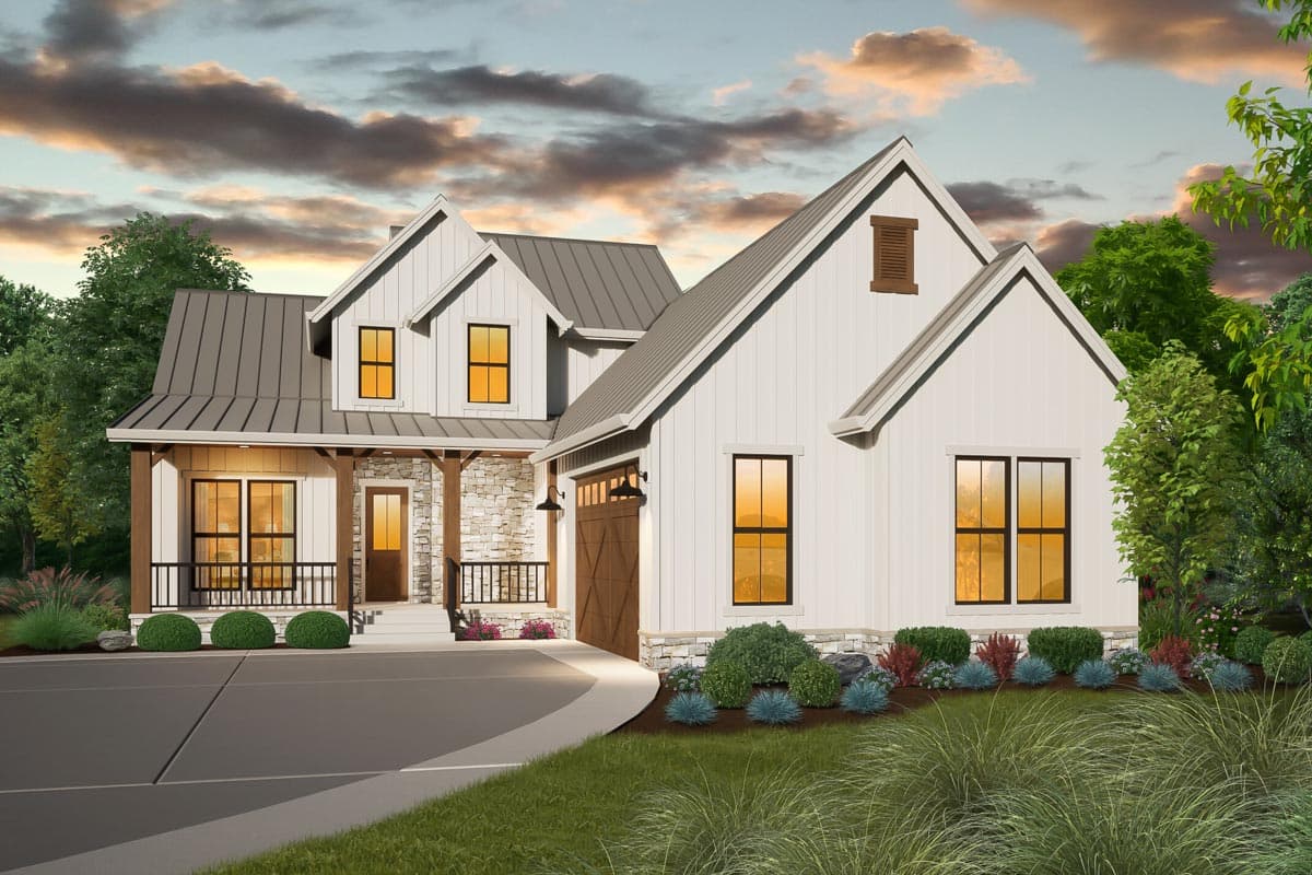 House plan exterior. Modern Farmhouse style with a two-story layout. Features include a front porch, gables, and a garage with a carriage-style door.