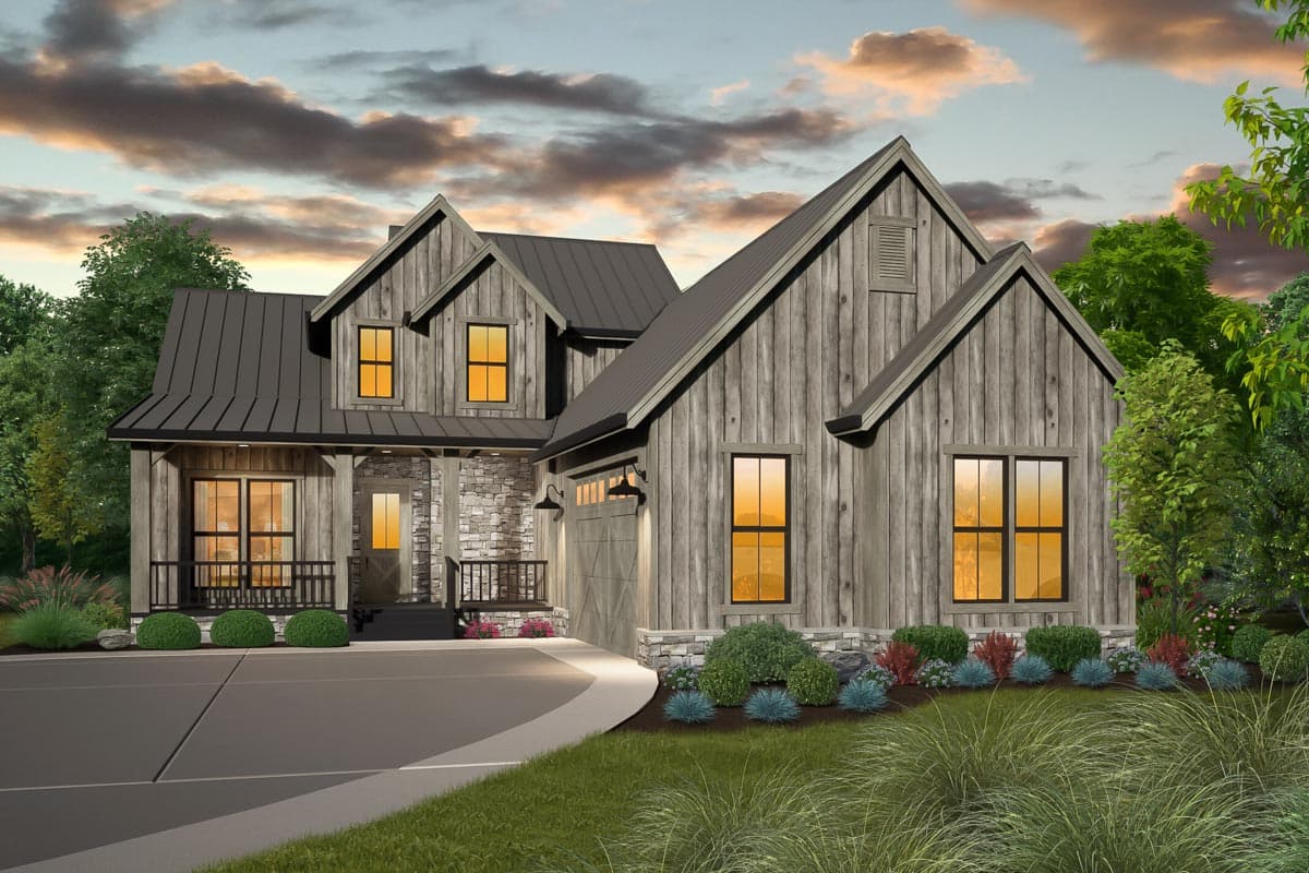 Modern Farmhouse house plan exterior with stone accents, metal roof, multiple gables, and a covered front porch.