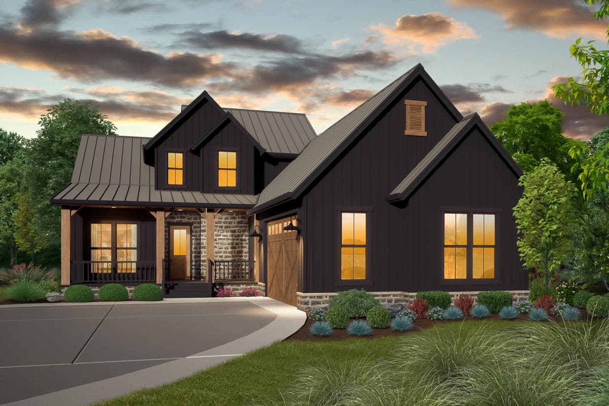 Modern Farmhouse house plan exterior with metal roof, gabled dormers, stone accents, and covered front porch.