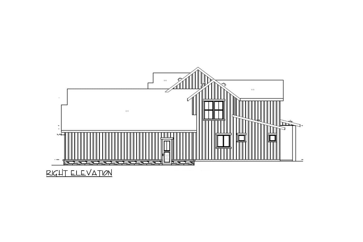 Right elevation drawing of a house plan showing vertical siding, multiple gables, and varied window sizes.