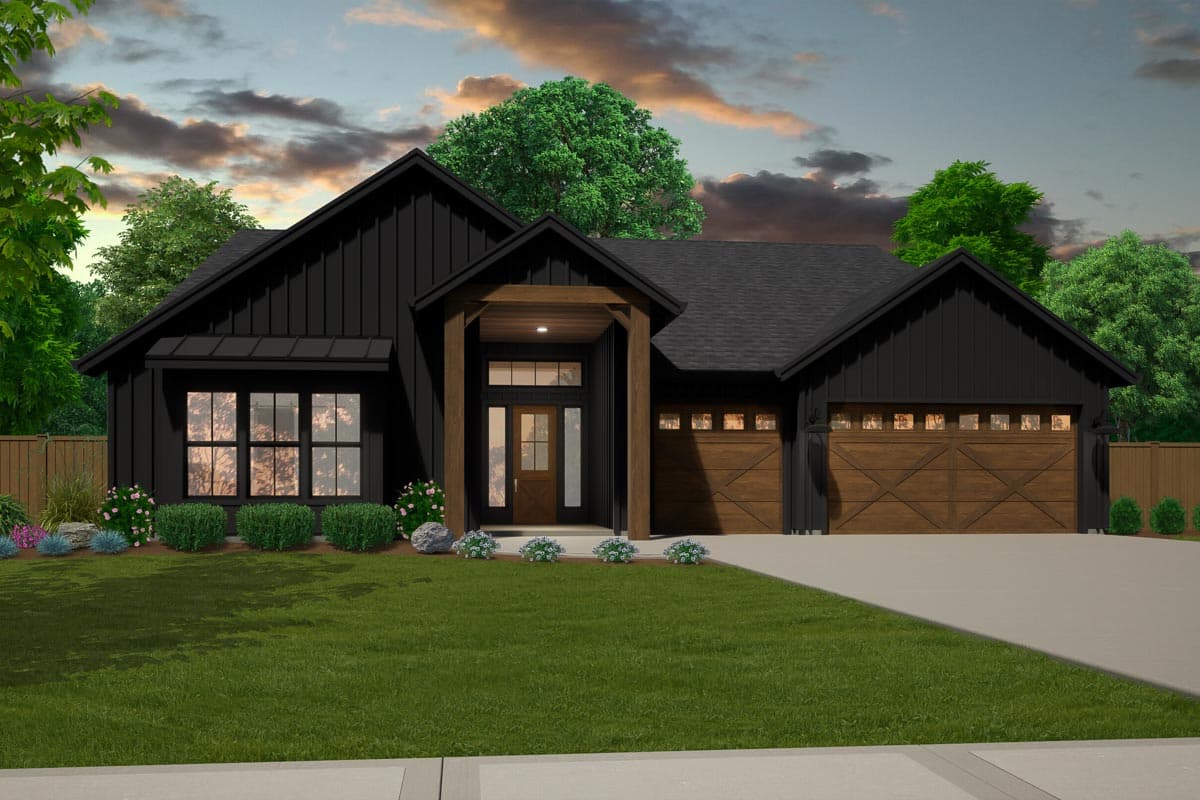 House plan exterior with modern farmhouse style, board-and-batten siding, covered entry with wooden posts, and a three-car garage.