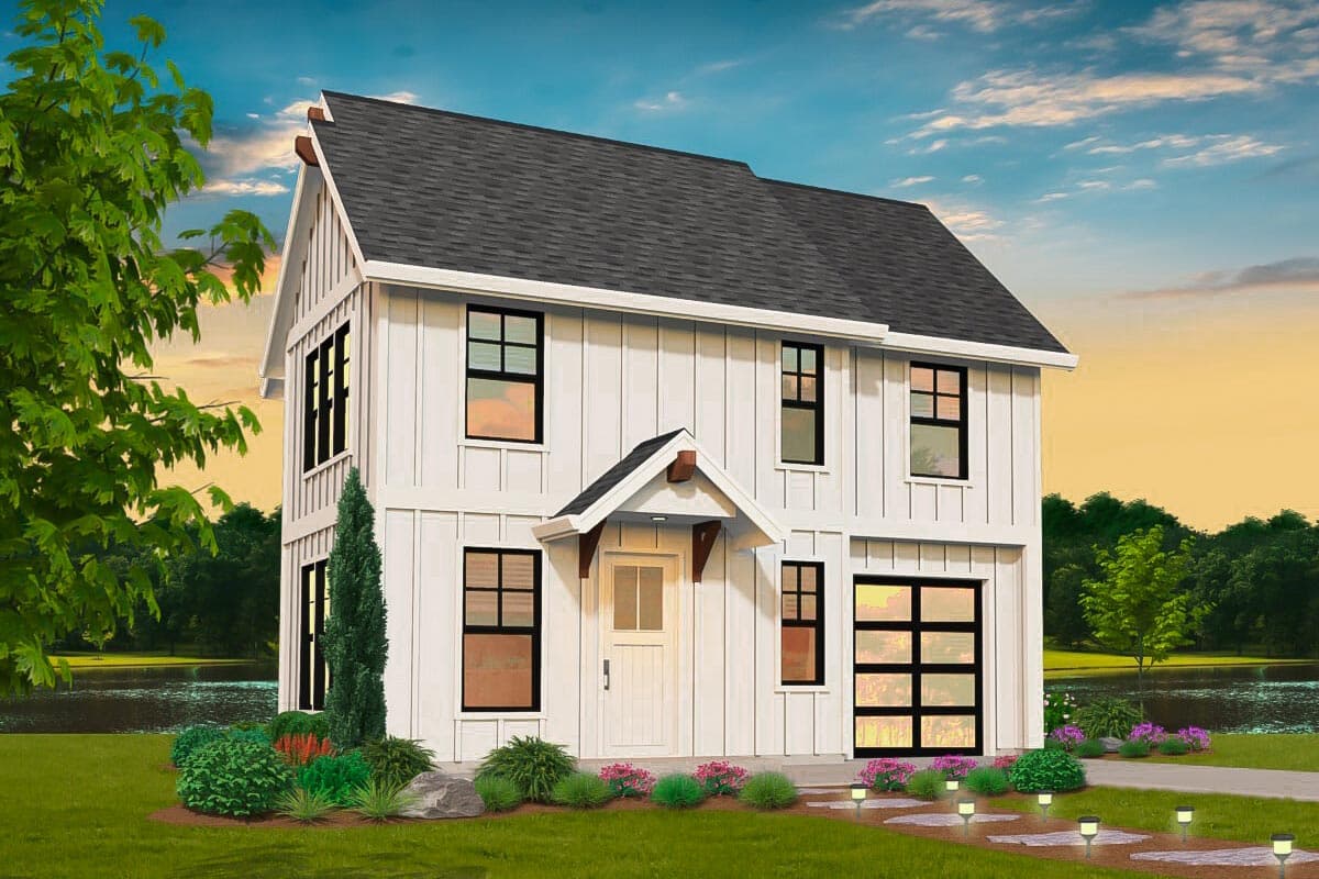 House plan exterior in farmhouse style. Two-story house with a gable roof, covered entry, and a garage with a glass panel door.