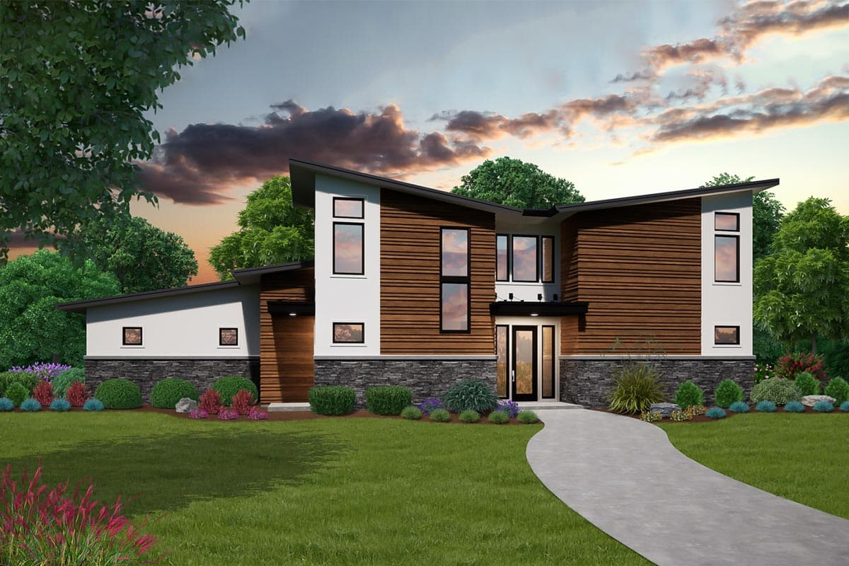House plan exterior. Modern style, one-story. Features include a flat roof, wood siding, large windows, and an asymmetrical design.
