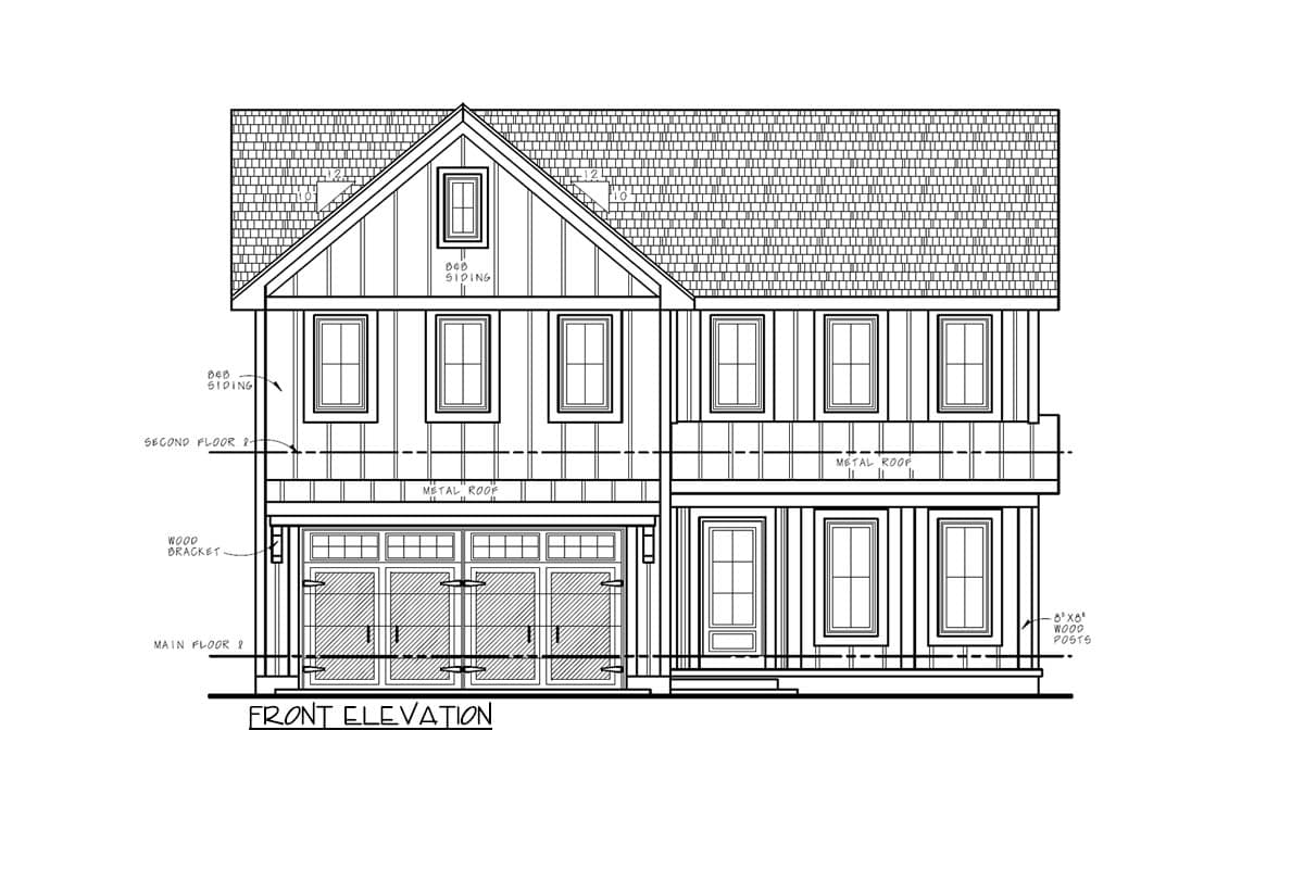 Front elevation house plan drawing with 0.8 siding, metal roof, two-car garage, and covered entry.