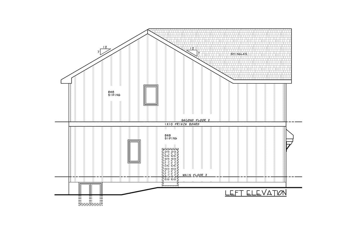 Left elevation house plan drawing showing two stories with vertical siding, shingles, a gable roof, and one window per floor.