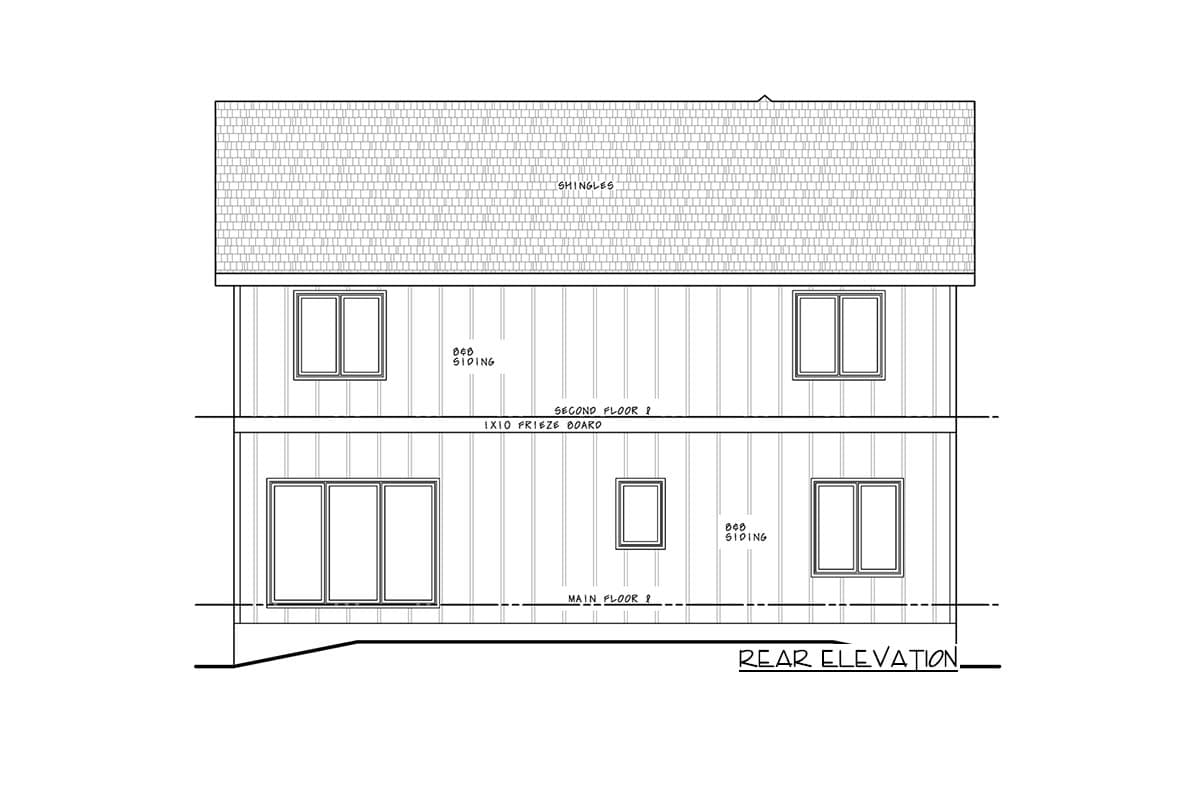 Rear elevation house plan drawing of a two-story house with board siding, a shingled roof, and multiple windows.