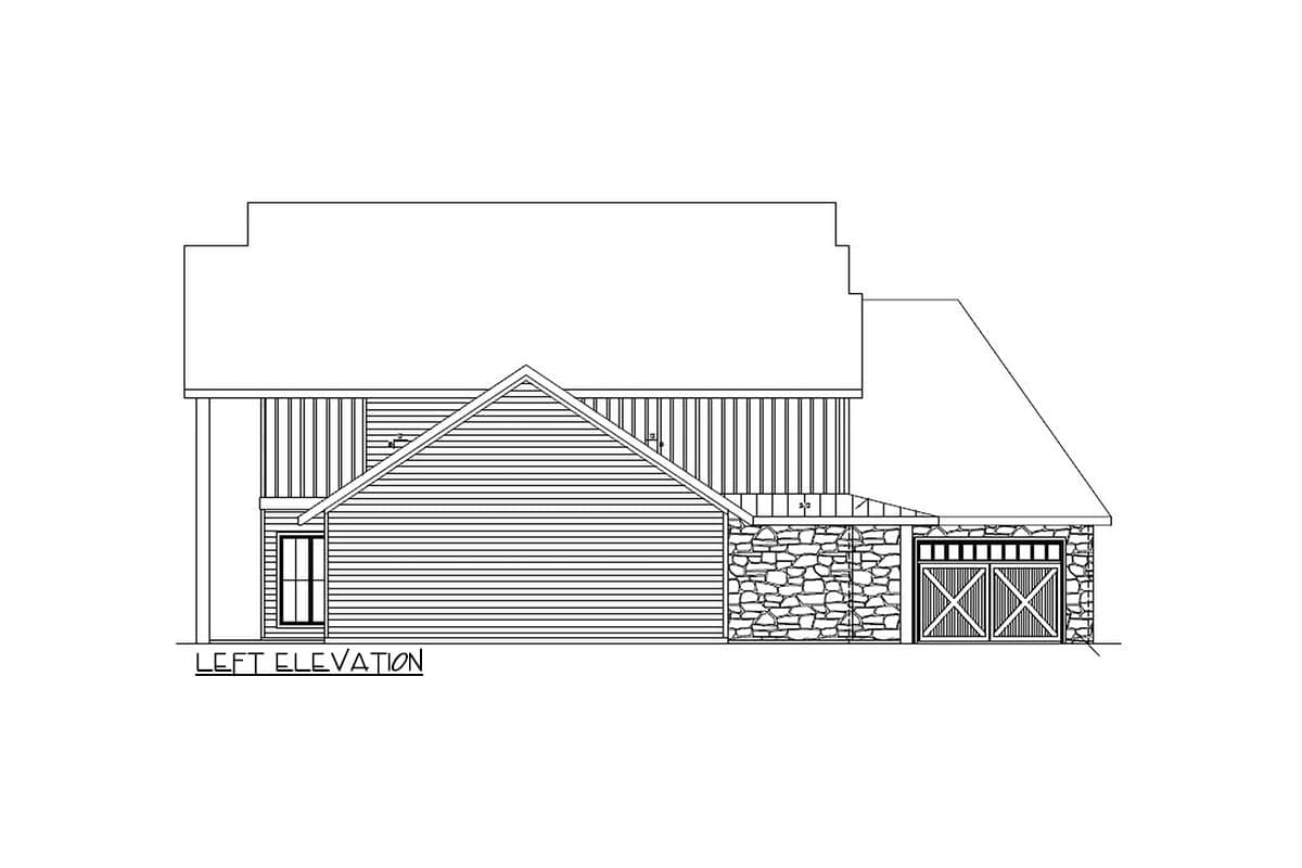 Left elevation drawing of a house plan featuring horizontal siding, stone accents, and a two-bay garage.