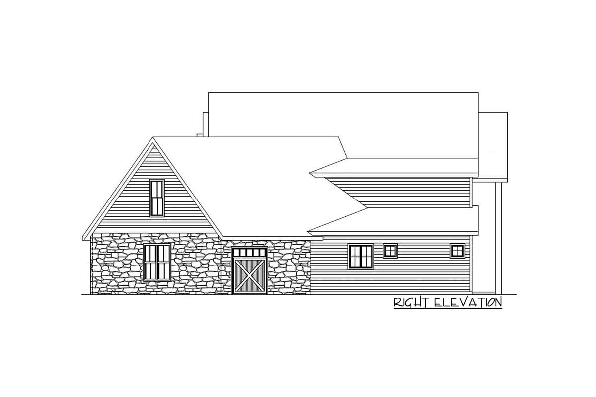 Right elevation drawing of a house plan with stone base, gabled roof, and barn-style door.