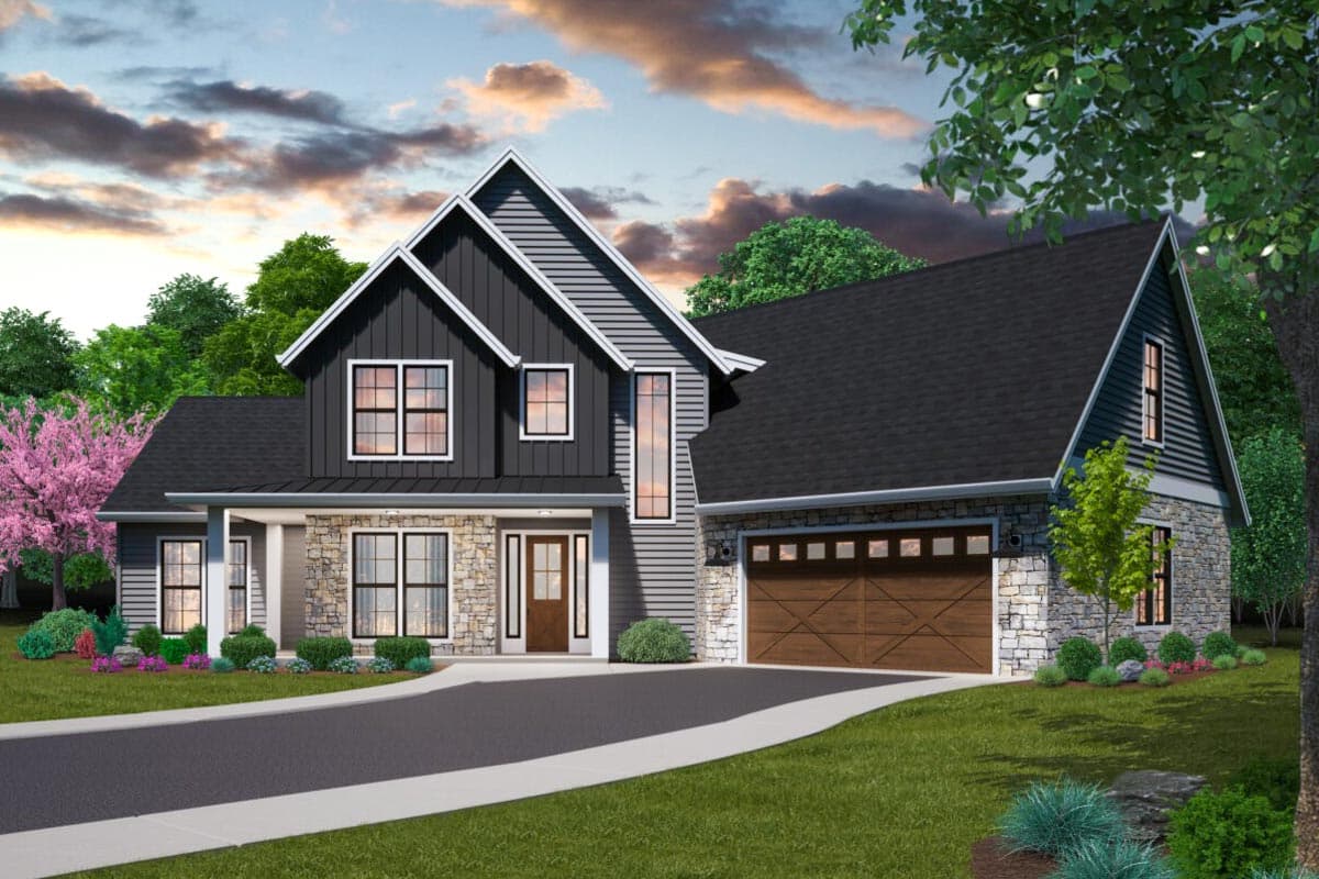 House plan exterior with Craftsman style. Features include gabled roof, stone accents, and attached garage. Two-story home with a covered front porch.