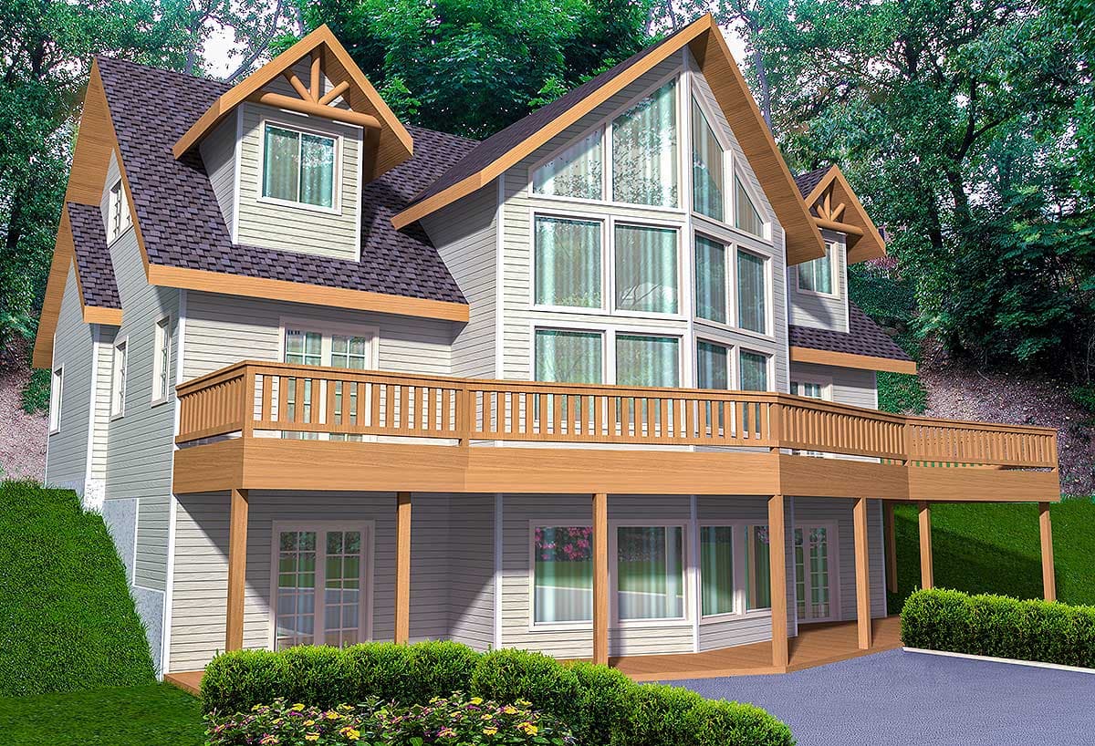 Modern Farmhouse house plan exterior with a large wrap-around deck, prominent gables, and a wall of upper-level windows.