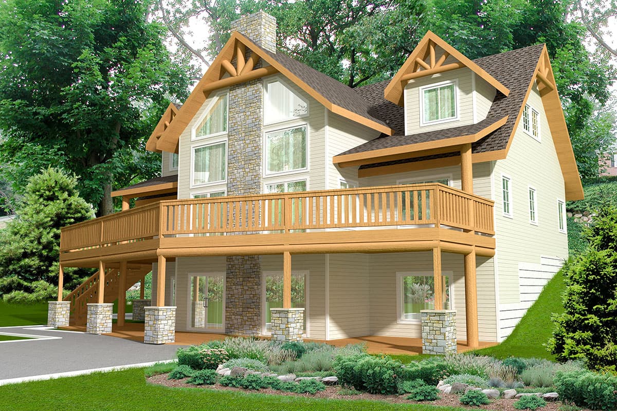 House plan exterior: Two-story lodge-style home with a wraparound deck, stone chimney, and prominent wooden gable brackets.