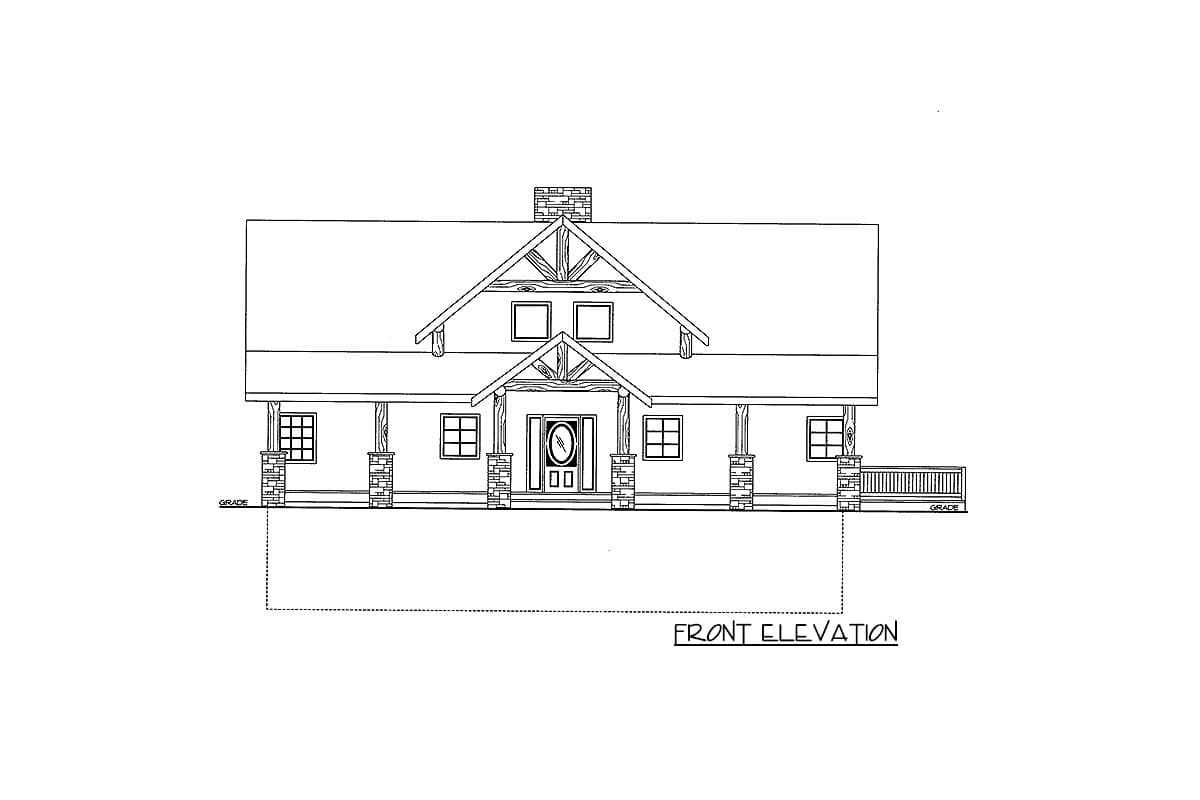 Front elevation drawing of a two-story house plan with a covered porch, stone-clad pillars, and prominent gables with exposed beams.