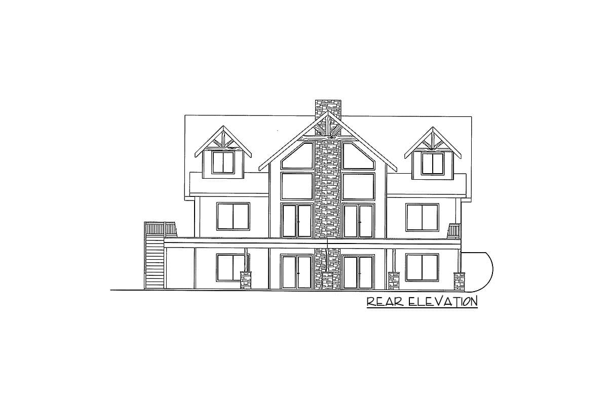 Rear elevation drawing of a two-story house with gables, dormers, large windows, and a stone chimney.