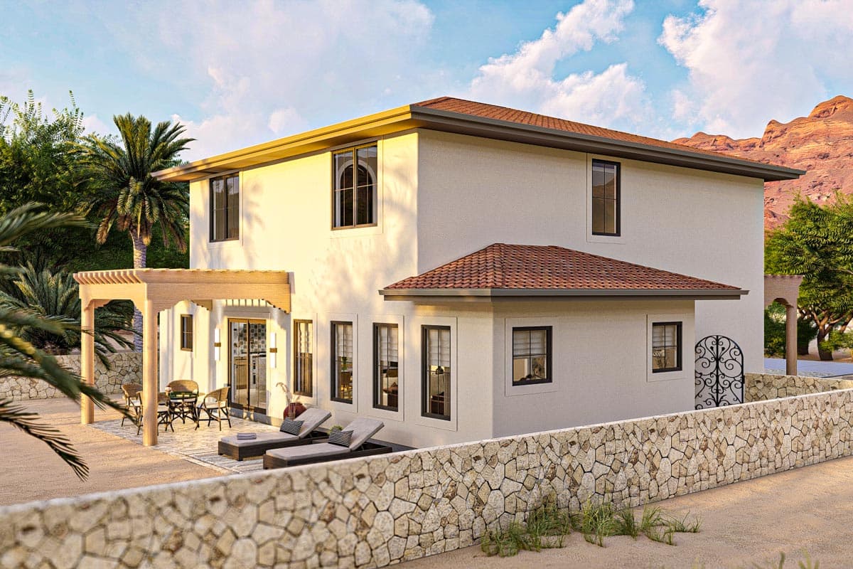 Two-story stucco house plan exterior with tile roof, arched windows, pergola, patio, and stone wall.