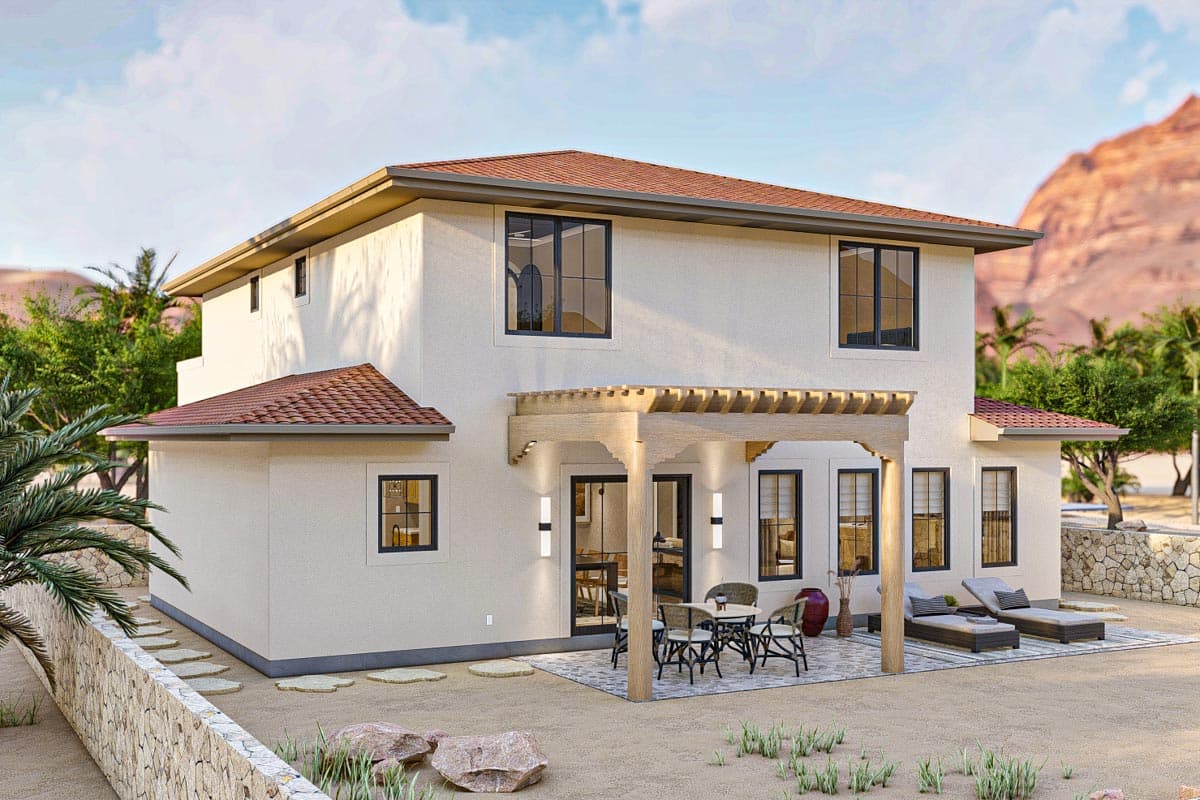 House plan exterior, two-story stucco residence with terracotta tile roof, covered patio with pergola, and multiple windows.