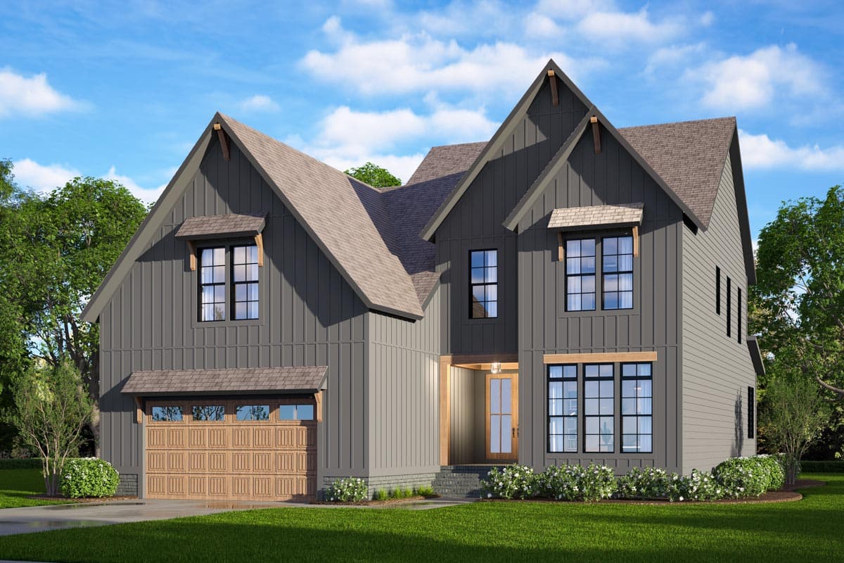 Modern Farmhouse house plan exterior, two stories, board and batten siding, gabled dormers, and a two-car garage.