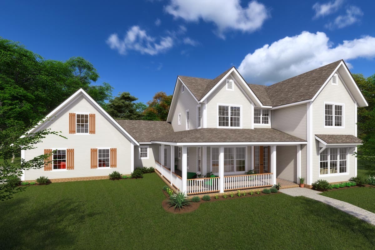 House plan exterior: two-story home with wrap-around porch, gables, and dormer windows.