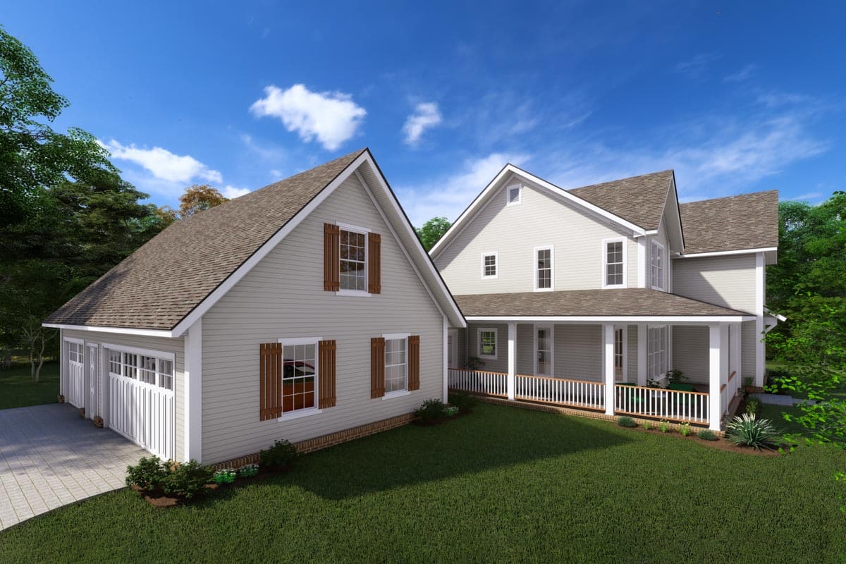 Modern Farmhouse style house plan exterior with a large wrap-around porch, gabled rooflines, and a three-car garage.