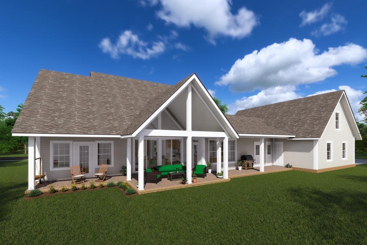 House plan exterior: two-story Modern Farmhouse with large gabled porch, multiple gables, and rear-facing garage.