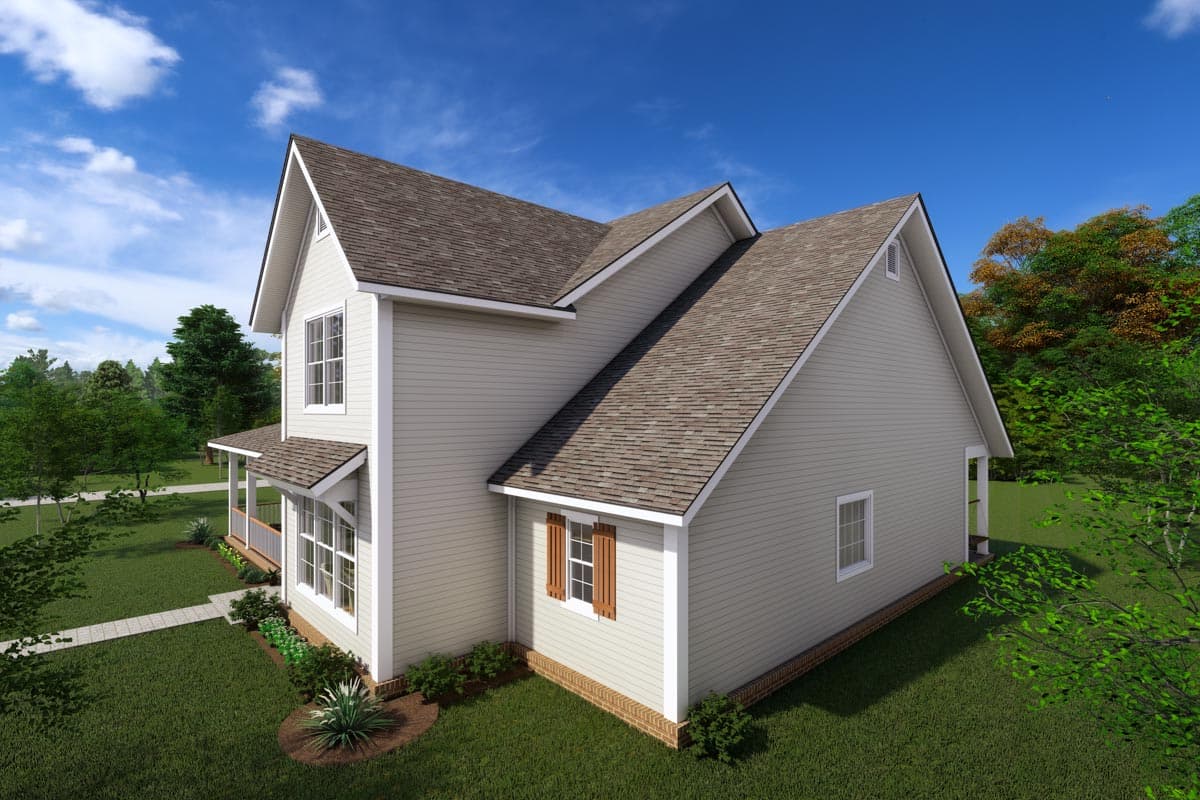 House plan exterior: two-story home with gabled roof, prominent front gables, and a covered front porch with railings.