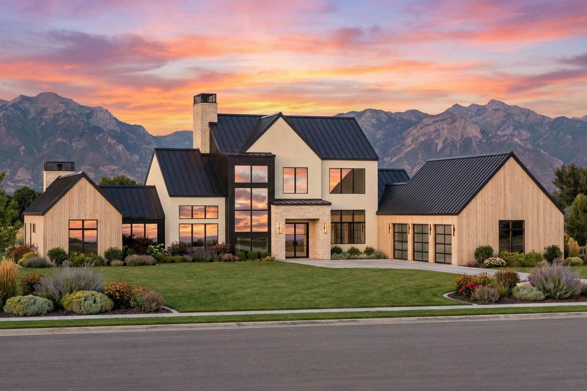Modern house plan exterior with gabled roofs, vertical wood siding, large windows, and a three-car garage.